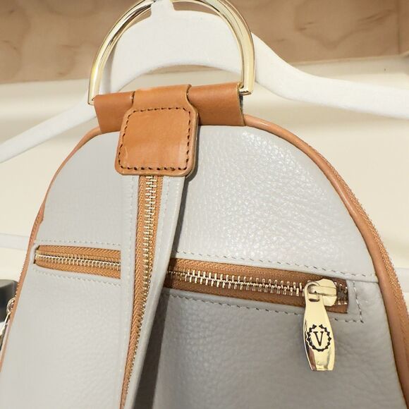Valentina Leather Mini Backpack Purse Gray Tan Gold Hardware Convertible Nice